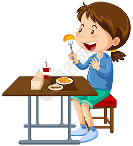 在食堂餐桌上吃饭的女孩插画图片