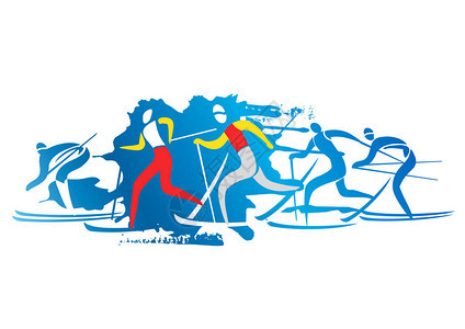 越野滑雪者的风格化彩色绘图可用矢量图片