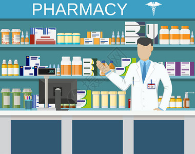 在柜台与男药剂师进行现代室内药房或药店治疗药丸胶囊装有维生素和药片的瓶子以平板图片