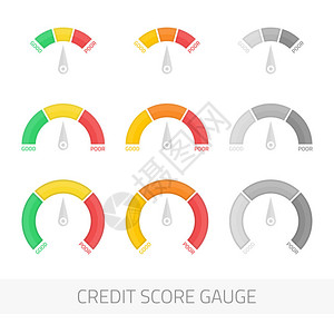 信用评分指标和量规向量集压力计矢量图信用评分计的平多彩金融历史评估孤立在白色背景上图片