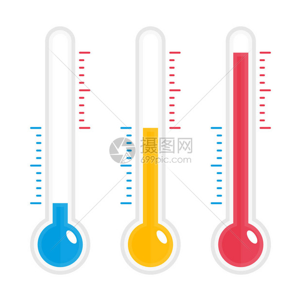 不同级别和颜色的温度计的矢量图解带刻度的温度计测量冷热平面样式图片