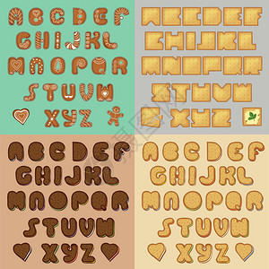 甜饼干字母表艺术字体带有白色奶油装饰的棕色姜饼黄色饼干巧克力和香草图片