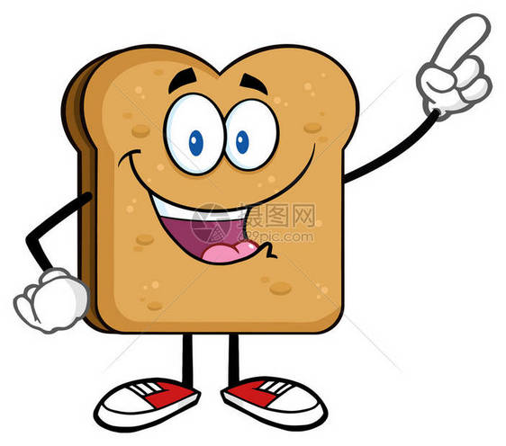 快乐的吐司面包切片卡通字符指针在白色背景上孤图片