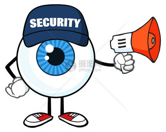 使用超大型话语的蓝眼球卡通马斯科特人安全警卫在白色背景上孤立的矢图片