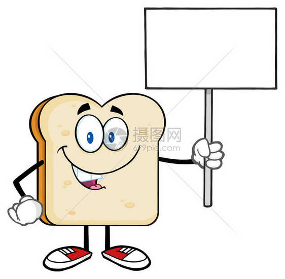 微笑的面包片卡通吉祥物人举着空白牌子在白色背景上图片