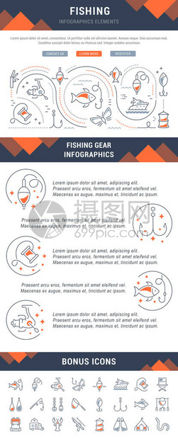 钓鱼的信息图表以扁平和线条的风格绘制网页横幅和印刷材料的概念带有网站和登陆页图片