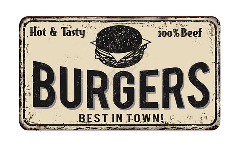 白背景上的汉堡老旧生锈金属标背景图片
