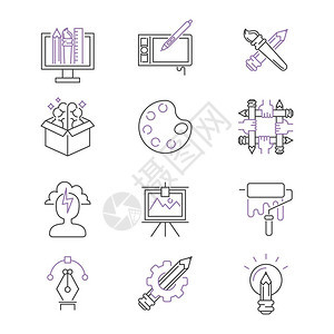 用于艺术设计的细线图标的矢量插图线符号艺术墨水集象形图创意按钮图片