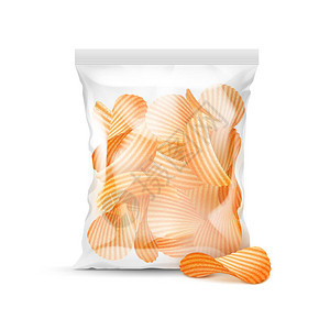 装满马铃薯卷状碎屑的包装设计包设计的矢量垂直密封透明塑料袋图片