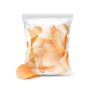 装满马铃薯卷状碎屑的包装设计包设计的矢量垂直密封透明塑料袋图片