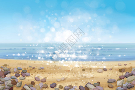 矢量图蓝天的海洋和石头的沙滩图片
