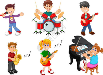 收集儿童歌唱和玩乐器的矢量插图图片