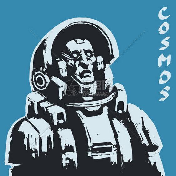 黑色背景上的宇航员素描酷科幻太空人封面穿着太空服的严肃角色航天日手绘数字图片