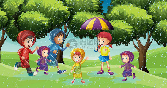 孩子们在雨中奔跑的公园场景插图图片