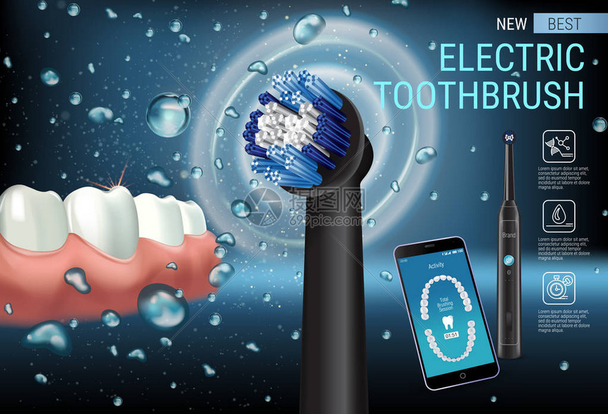 电动牙刷广告矢量3d插图与充满活力的画笔和手机屏幕上的移动牙科应用程序与高科技产图片