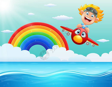 快乐的小男孩骑在海上空的飞机图片
