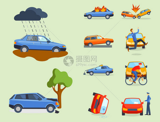 车祸碰撞交通保险安全汽车紧急灾难和紧急灾难速度修复运输矢量图涉及损图片