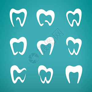 蓝色背景上的一组白色牙齿图标矢量图图片