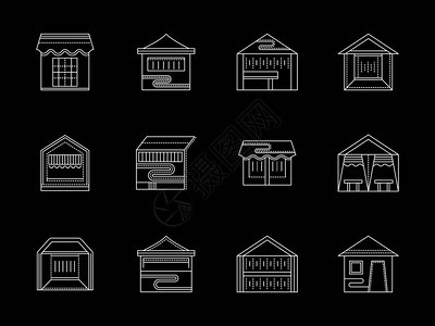 各种类型的贸易帐篷亭子促销或展览馆户外街头购物建筑一套黑色的平面白线设计矢量图标图片