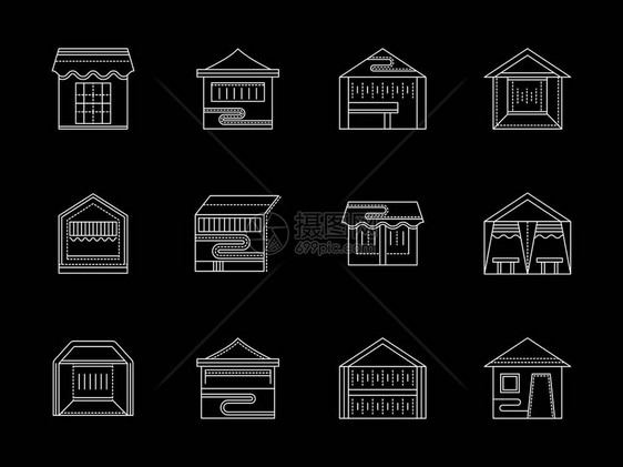 各种类型的贸易帐篷亭子促销或展览馆户外街头购物建筑一套黑色的平面白线设计矢量图标图片