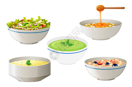 白碗插图中的沙拉和汤图片