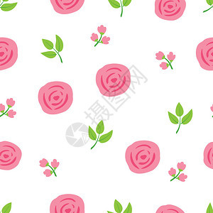 白色背景上粉红色花朵和绿色叶子的无缝花纹图片