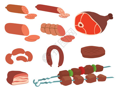 肉类产品集卡通美味烧烤肉串品种美味佳肴和分类切片羊肉烹制矢量图烟熏杂货图片