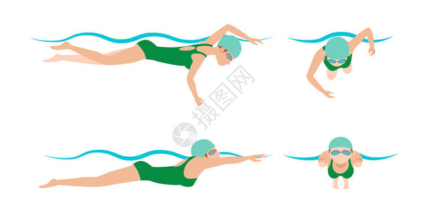 游泳风格计划的矢量插图不同游泳者男人和女人在泳池运动自由式动作能量锻炼中运动员护目镜图片