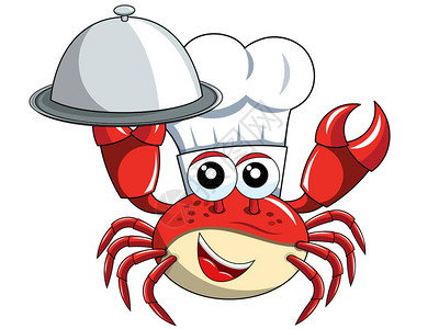 Crab厨师吉祥物将餐托盘放图片