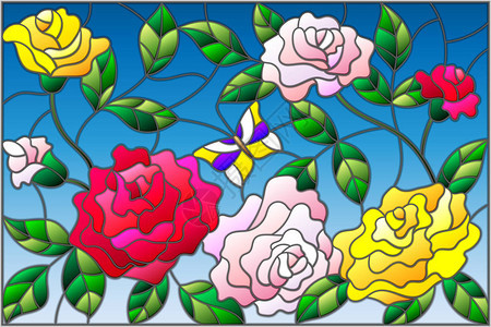 在天空背景上用鲜花玫瑰叶和蝴蝶的彩色玻图片