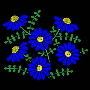 黑色背景上的矢量刺绣花卉民间图案图片