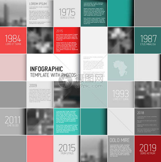 带有照片和文本占位符的矢量方形马赛克信息图布局模板红色图片