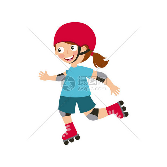 女孩骑滑冰鞋白色背景的漫画图标多彩设图片