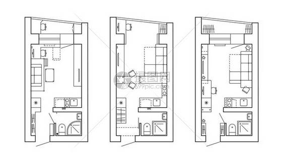 房子的建筑计划公寓的布局与图纸视图中的家具有厨房和浴室图片