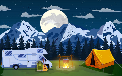家庭冒险露营夜景帐篷篝带giutar的背包大篷车露营车房和落基图片