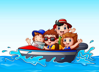 儿童在海洋中乘机动船图片