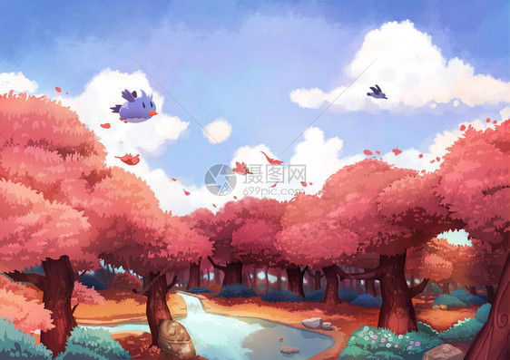 早晨在美丽的之上飞的小鸟视频游戏的数字CG艺术概念说明现实化的卡通风格图片