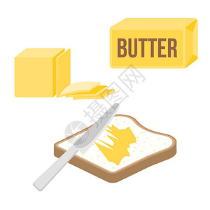 吐司面包在面包和黄油平板设计矢量上撒洒黄插画