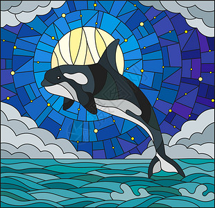 以彩色玻璃风格与鲸鱼一起在水云星空和月图片
