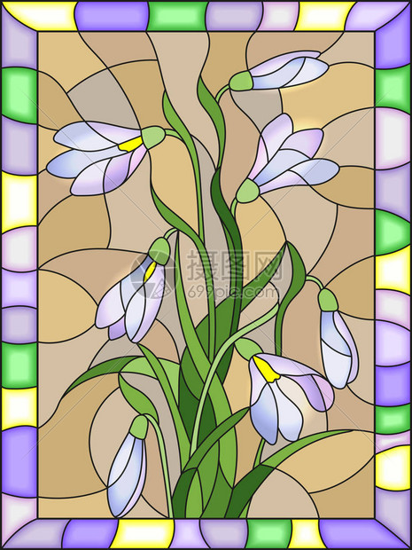 彩色玻璃风格的插图在明光框中用白雪花束图片