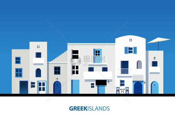 希腊群岛蓝色天空上典型的希腊岛屿建筑视图矢图片