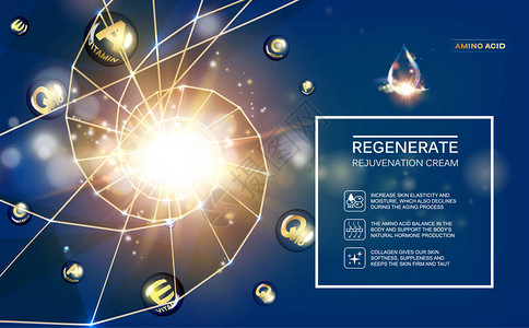 再生面霜和维生素复合物概念闪亮的精华液滴维生素E以球形的式下降蓝色和背景下的美容护肤图片