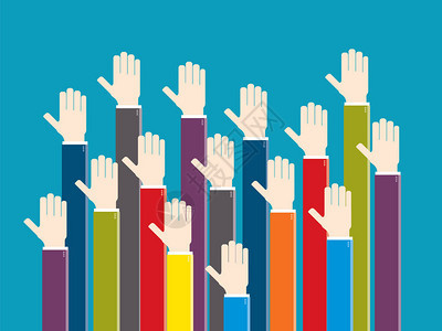 举手投票标志会议和意见志愿者合作投票和业务的概念矢图片