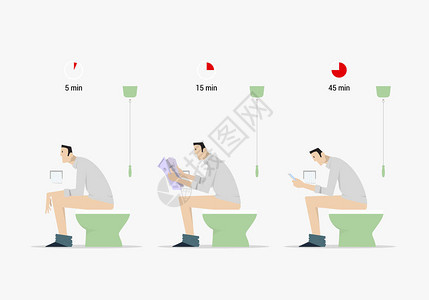 在三种不同情况下坐在厕所的卡通男子的侧面景象图片