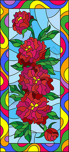 以彩色玻璃风格用鲜花蕾和红面纱叶在蓝色背景下亮光框垂直方向的蓝图片