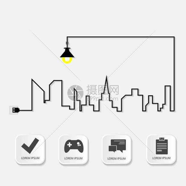 矢量图城市轮廓和灯形式的信息图表模式带有图标和按钮的3d样式用于商业演示教育网页设计放置文本图片