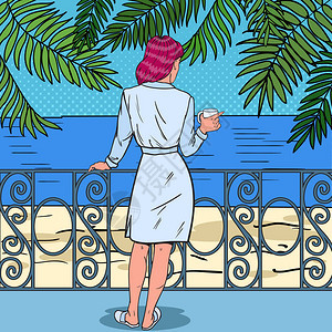 热带天堂海滩酒店Balcony的美丽女饮水咖啡图片