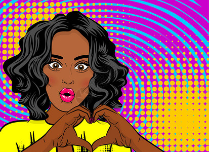 黑人年轻女流行艺术风格Wow脸露心手漫画文本彩色半通反转点背景积极的女孩时装风范图片