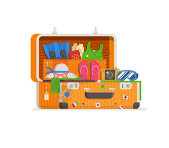 夏季旅行手提箱塞满了度假衣服和暑假的东西打开带有贴纸的完整手提箱在平面设计中塞满黄色行图片