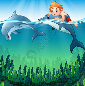 卡通男孩与海豚在海中的矢量插图图片